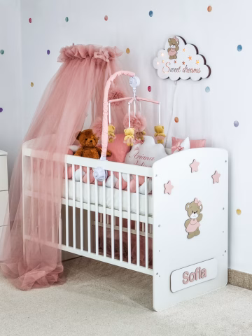 Patut bebe personalizat ursulet cu rochita old rose