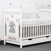 Patut bebe cu sertar personalizat cu nume si elefant cu fundita gri-roz pal