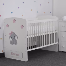 Patut bebe cu nume si elefant gri cu fundita gri-roz pal