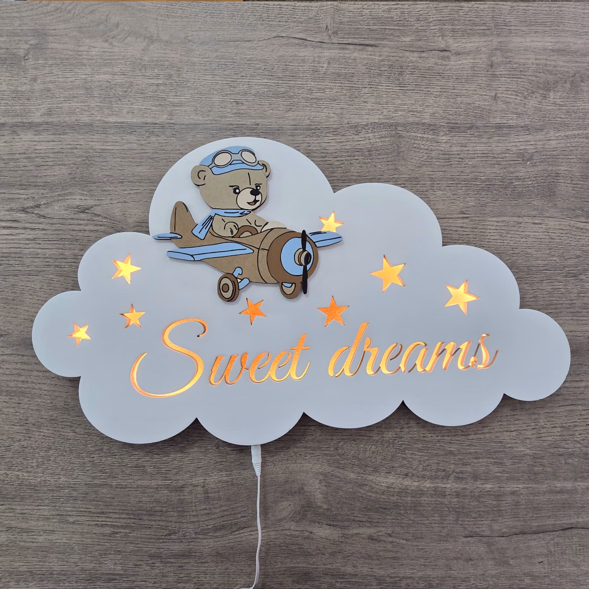 Lampa de Veghe Personalizată – Nor cu Nume și Ursuleț Aviator