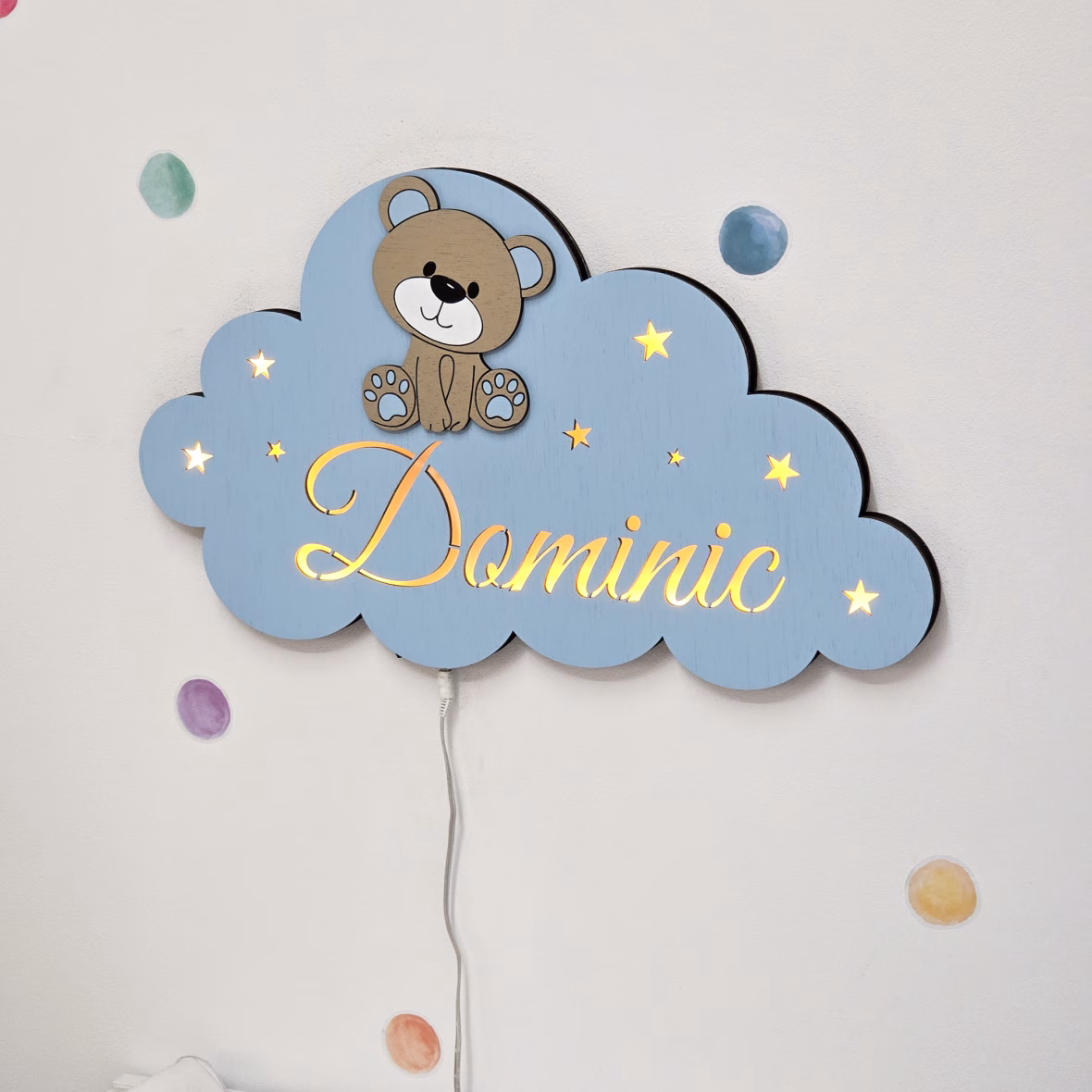 Lampa veghe personalizata cu nume si ursulet maro-alba