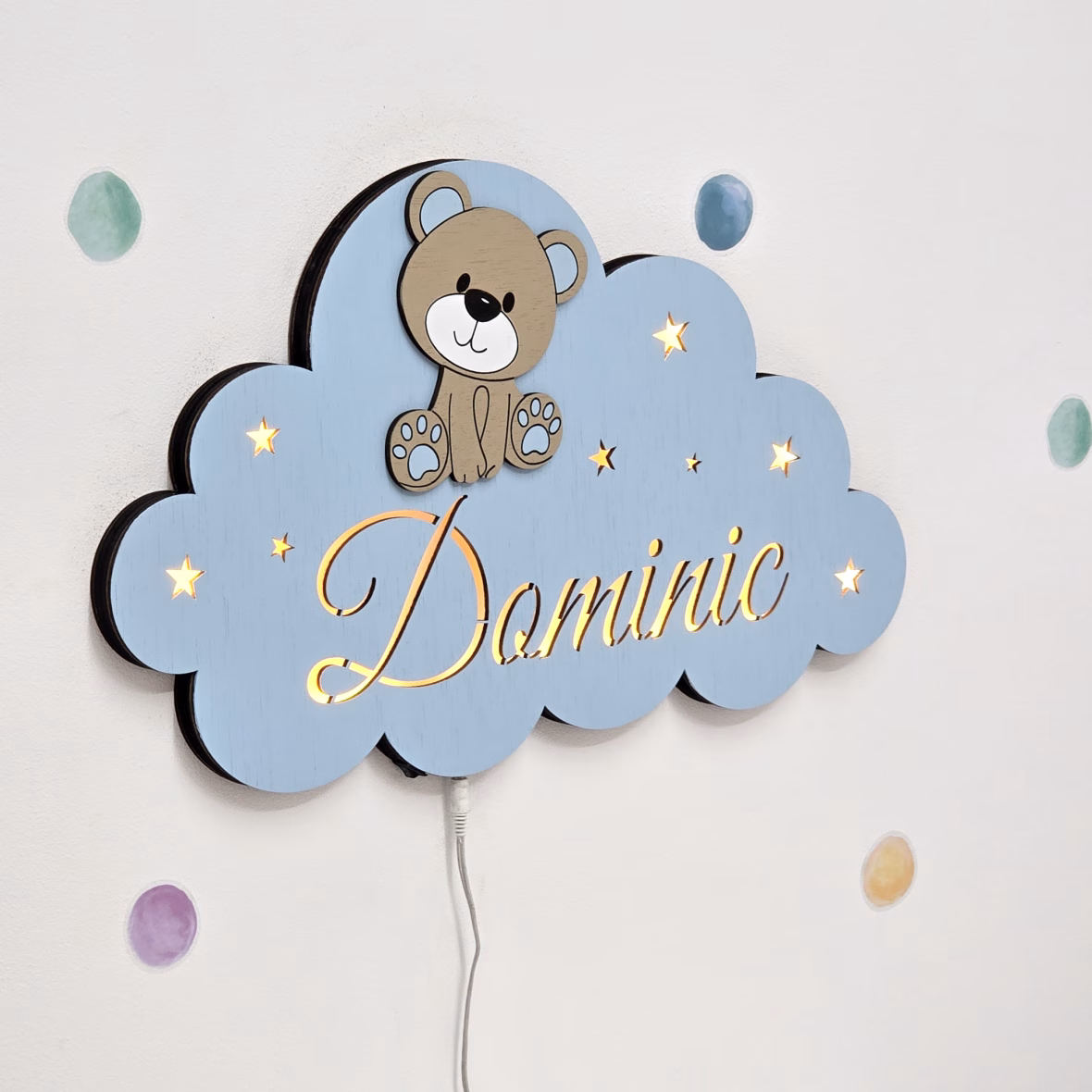 Lampa veghe personalizata cu nume si ursulet maro-alba