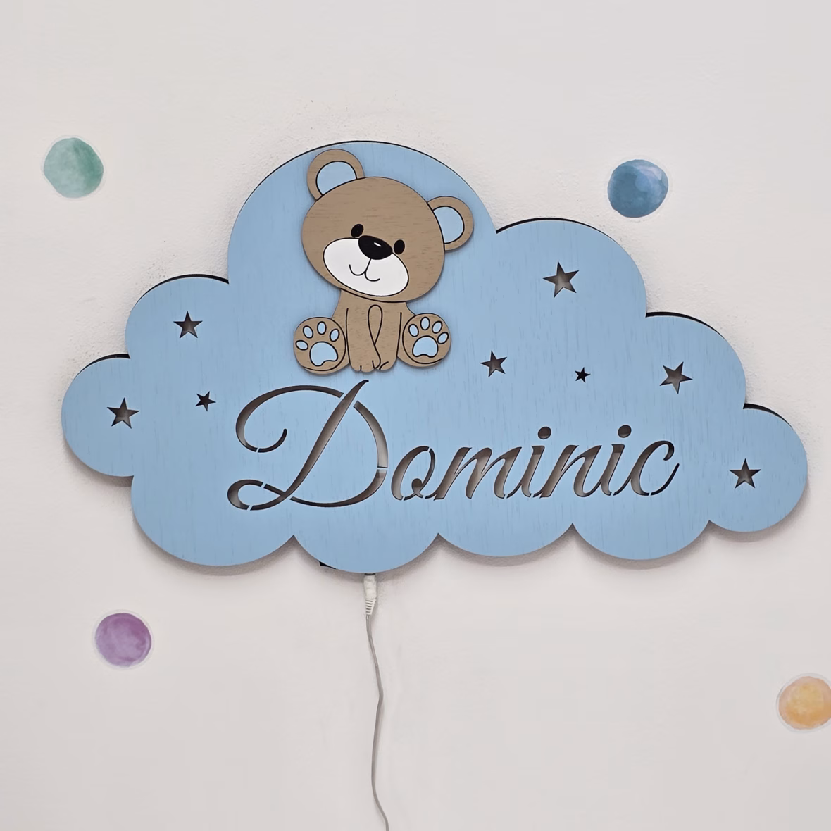 Lampa veghe personalizata cu nume si ursulet maro-alba