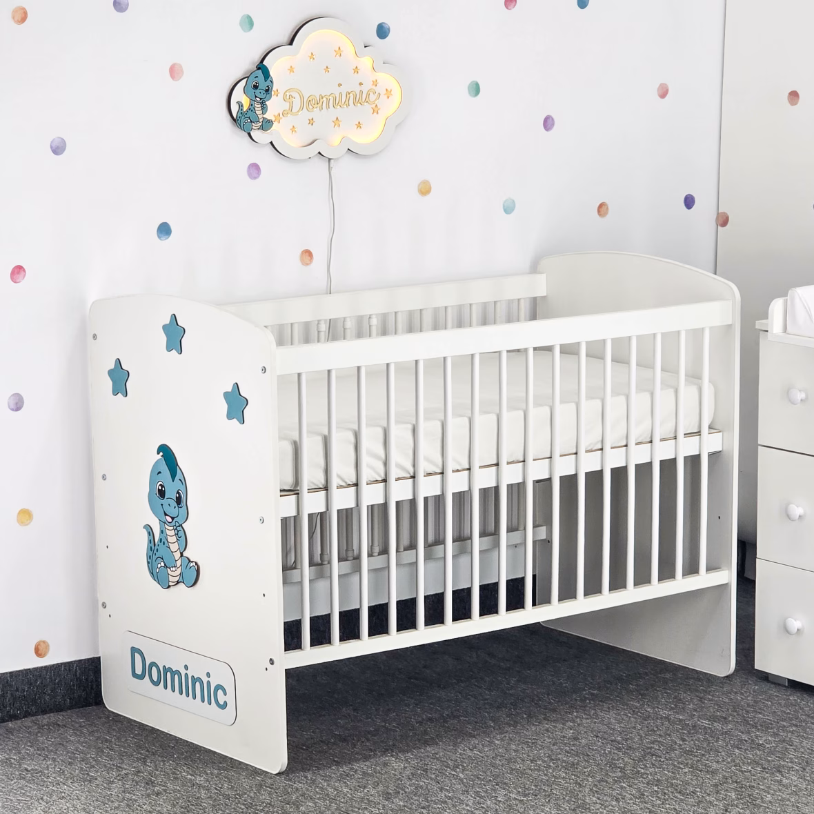 Pătuţ bebe cu dinozaur turcoaz prafuit